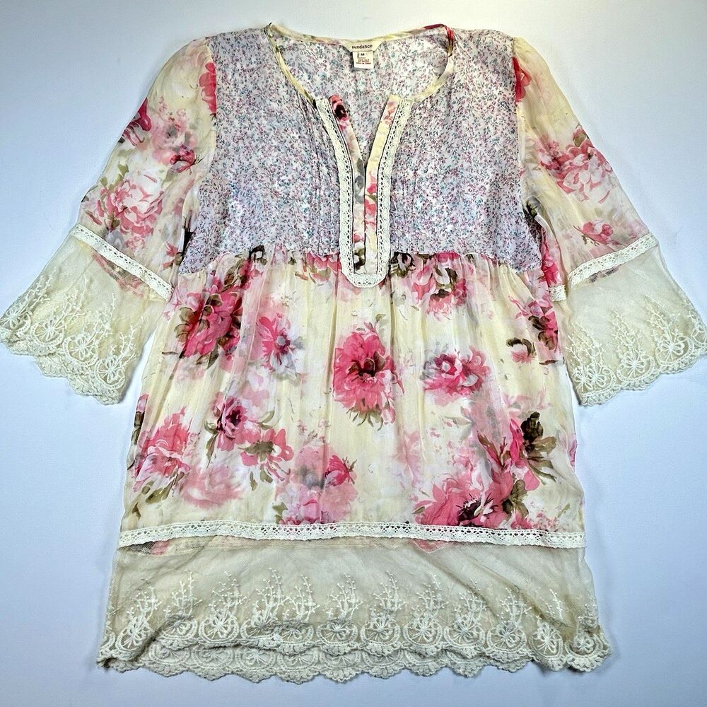 Sundance Silk Floral Sheer Tunic Top Women M Boho Lace Trim Cottagecore Romantic